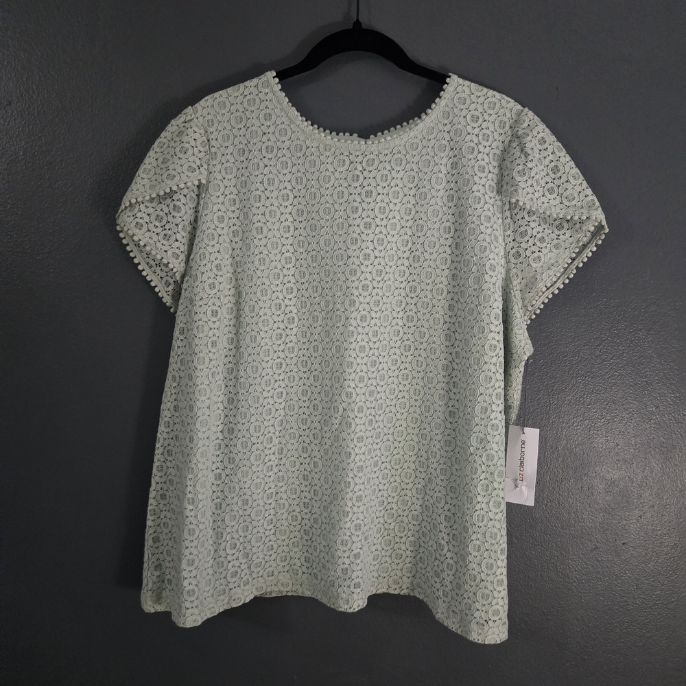 Liz Claiborne Cottagecore Floral Lace Scalloped Neck Blouse in Mint Green 1X